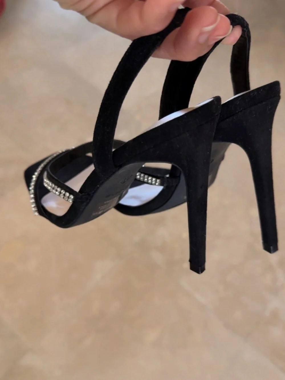 bebe Black Suede Rhinestone Strap High Heels
